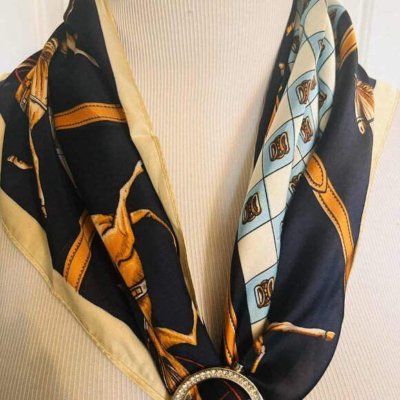 NWT Faux Silk Scarf — Equestrian Horse & Harness Print (New, Made in China) - Picture 4 of 9